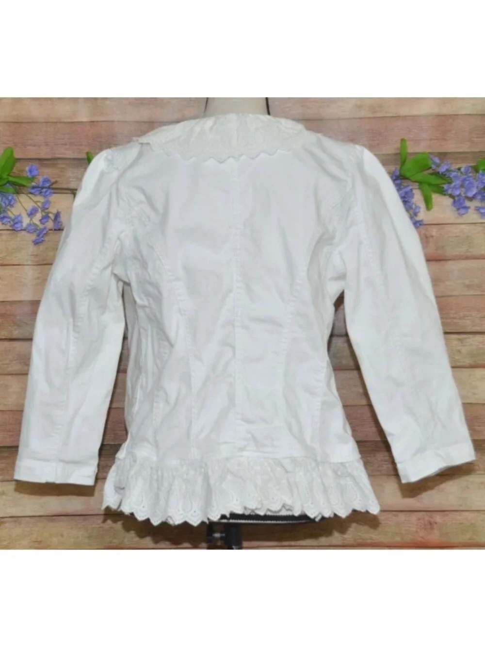 Ralph Lauren Jeans Co White Denim Ruffle Eyelet Lace Jacket Blazer Size 12 Boho - Picture 8 of 12